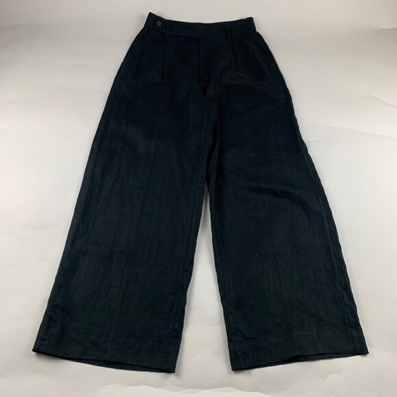 Madewell Black Linen High Rise Pleated Wide Leg Trouser Pant 4 - Picture 1 of 6